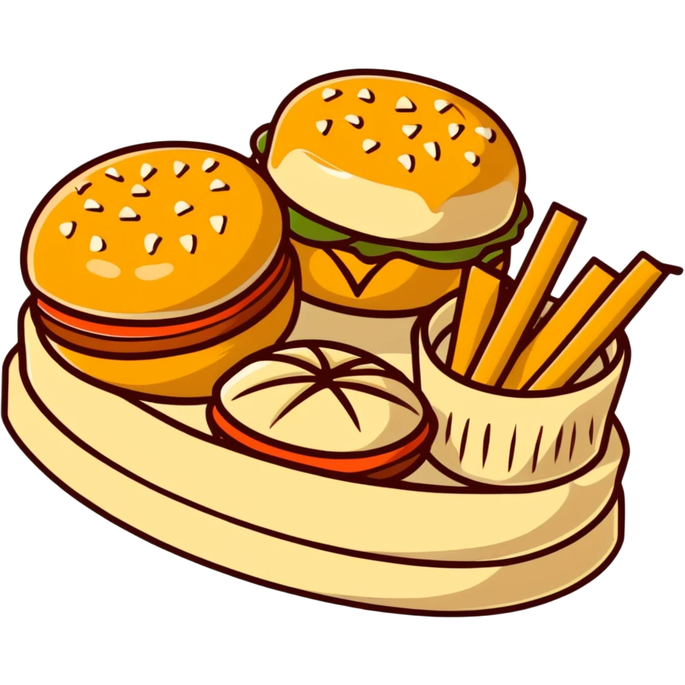 скатерть-самобранка with a mix of global dishes like burgers, dim sum, and baklava emoji