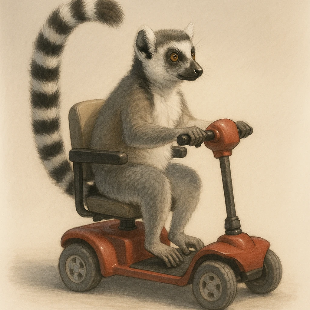 ring tailed lemur riding a mobility scooter, semi-realistic illustration, soft shading, accurate anatomy emoji
