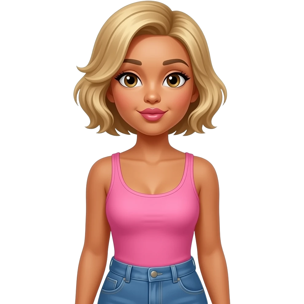 Diva Hazel eyes, tanned skin. Dark blonde very short hair. Pink singlet. Blue jeans. Waist up. Smiling with eyes and blowing kiss emoji