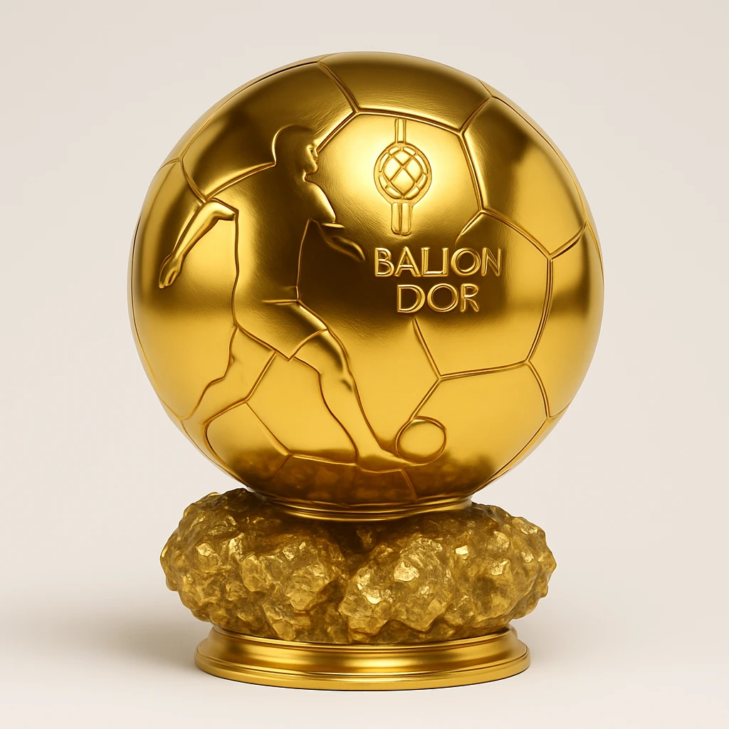 Add a footballer silhouette to the Ballon d'Or trophy, maintaining a realistic gold style that is elegant and shiny, on a white background. emoji