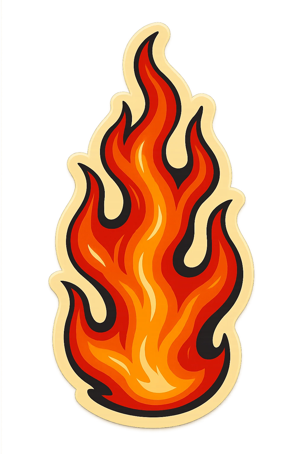 retro sticker style drawing of a tall, twisting flame with bold contours, dramatic shadows, glossy highlights, dynamic and full of movement fire emoji