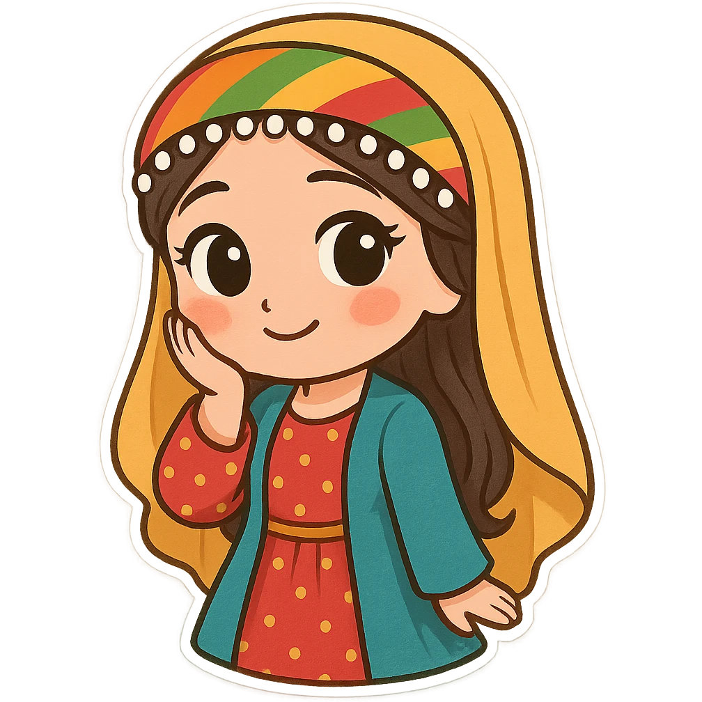 cartoon sticker of a Kurdish woman in traditional female clothing, hand on cheek (shy) pose, gentle smile, colorful and cheerful, no text, suitable for WhatsApp and Instagram emoji