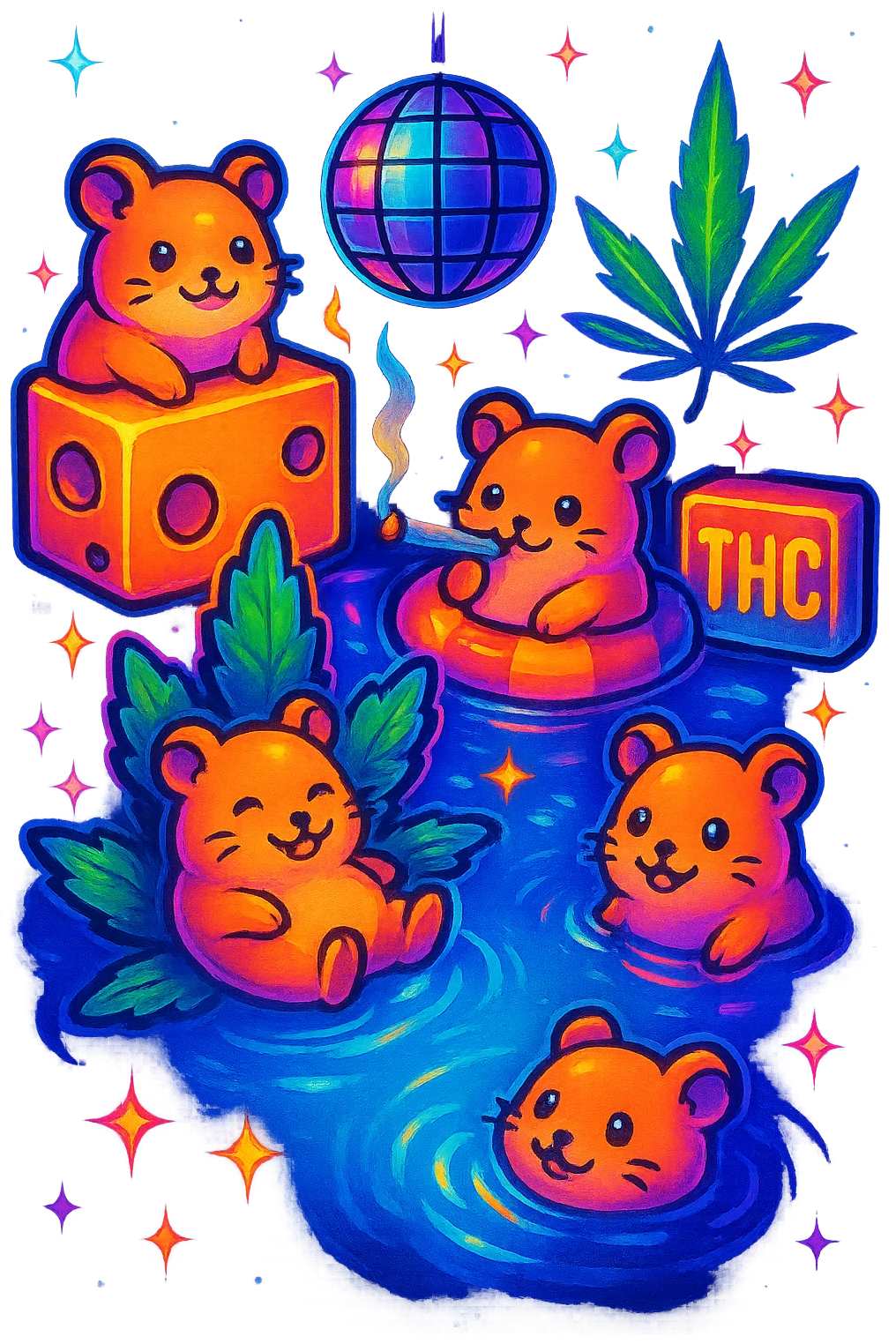 Make the pool party scene a night scene with a dark sky, glowing disco ball, neon pool lights, and sparkling stars. Keep the retro nostalgia style, weed, cheese, and THC theme, and preserve transparency if present. emoji