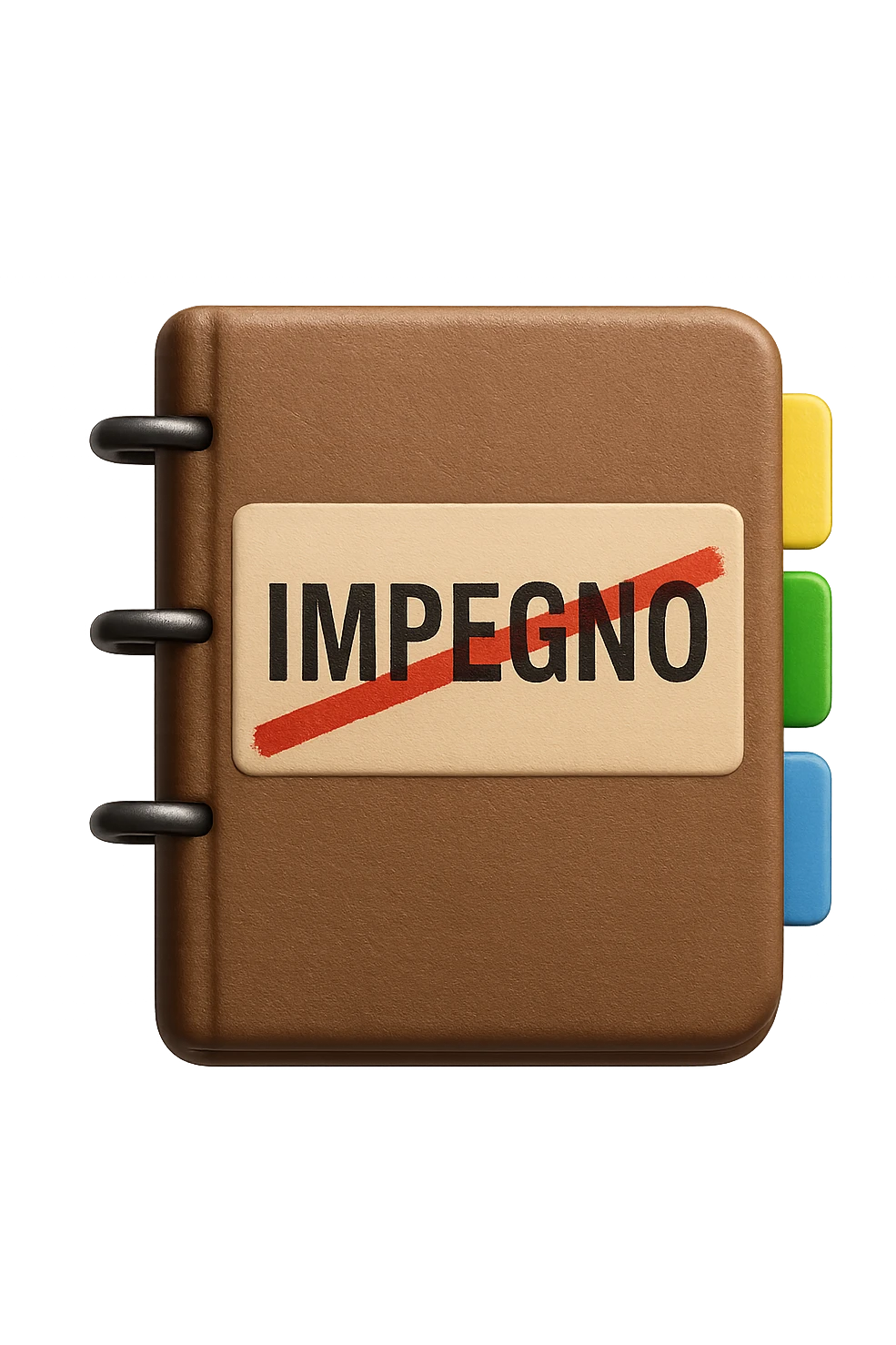 emoji stile iphone di un agenda con la parola "IMPEGNO" SCRITTA SOPRA E UNA CANCELLATURA ROSSA SULLA PAROLA, iperrealistico 4k emoji
