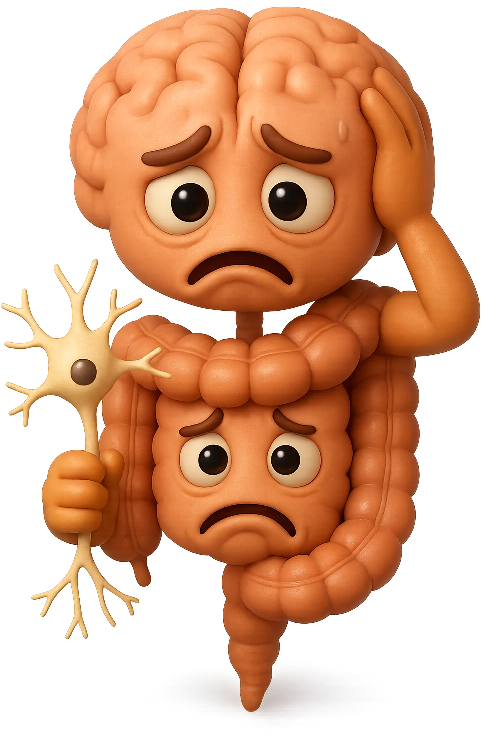 EMOJI STILE IPHONE DI UN INTESTINO collegato verticalmente ad un cervello mentre tiene in mano un neurone, espressione stressata, IPERREALISTICO 4K emoji