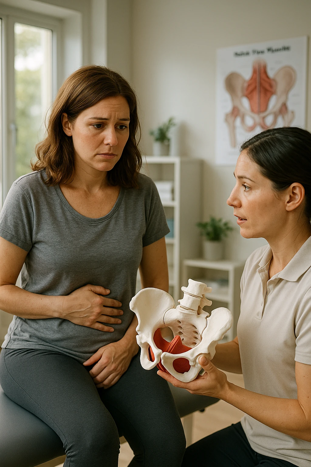 A realistic, cinematic illustration of a woman in her mid-30s with a thoughtful, slightly worried expression, sitting in a bright, modern physiotherapy clinic. She is wearing comfortable leggings and a loose top, with one hand resting gently on her lower abdomen, indicating discomfort. The scene shows a caring female pelvic floor physiotherapist explaining with a pelvis anatomical model, while the woman listens attentively but visibly concerned. In the background, soft natural light enters through the window, and an anatomical poster of pelvic floor muscles is visible on the wall. The environment is warm, clean, and reassuring, emphasizing the sensitivity of pelvic floor disorders while promoting trust and awareness in seeking help emoji