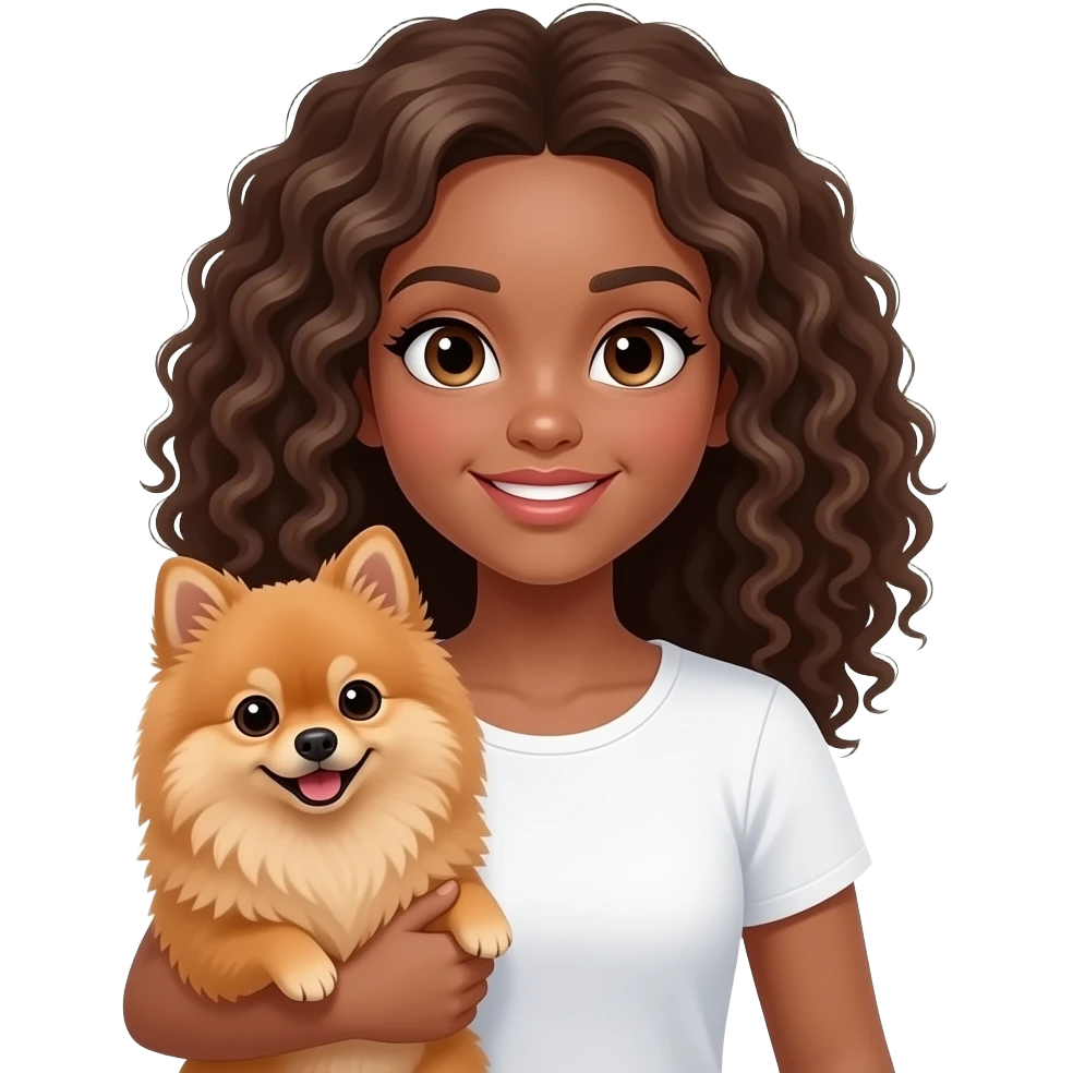 A girl with curly hair wearing a white top holding a brown Spitz dog emoji