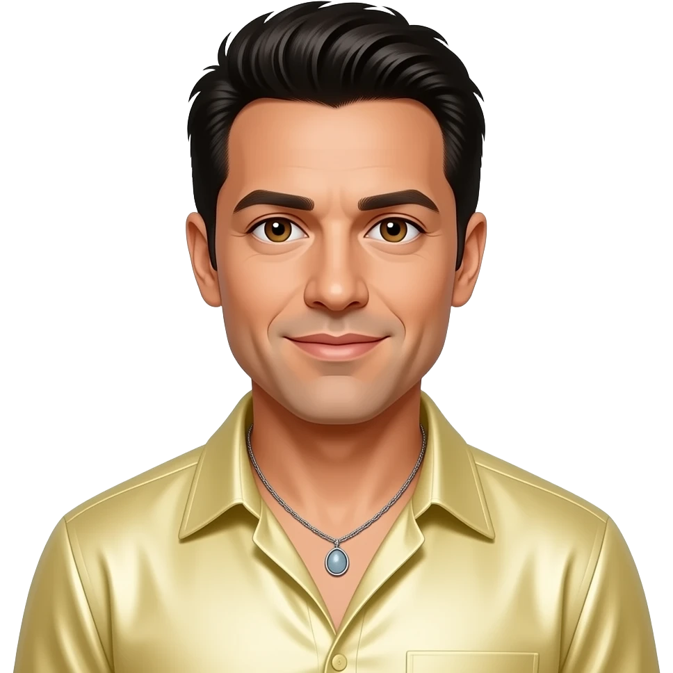 Jonathan Knight from NKOTB with hazel eyes, black hair, light yellow metallic shirt, necklace emoji