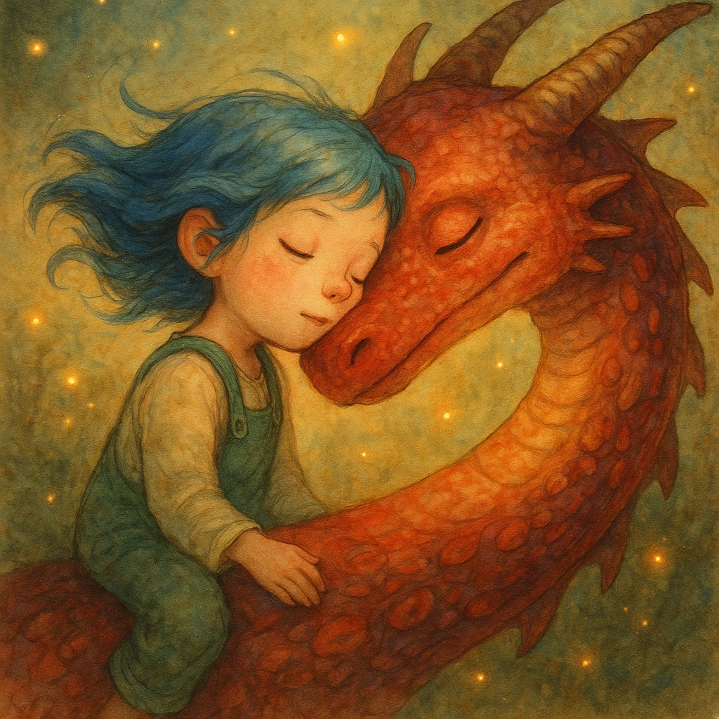 A dreamy, ethereal illustration of a young girl peacefully sleeping on the long, curved neck of a red dragon, cheek to cheek. Her blue hair flows gently as if caught in a soft breeze, and she wears delicate green overalls. The dragon’s skin has intricate, painterly textures, glowing subtly under the warm, golden light. Tiny fireflies and soft, ambient light enhance the magical atmosphere. Highly detailed, whimsical, children's book illustration style, with soft yet rich colors, gentle lighting, and a fantasy storytelling feel. Watercolor-like textures, hand-painted aesthetics, cinematic composition. emoji