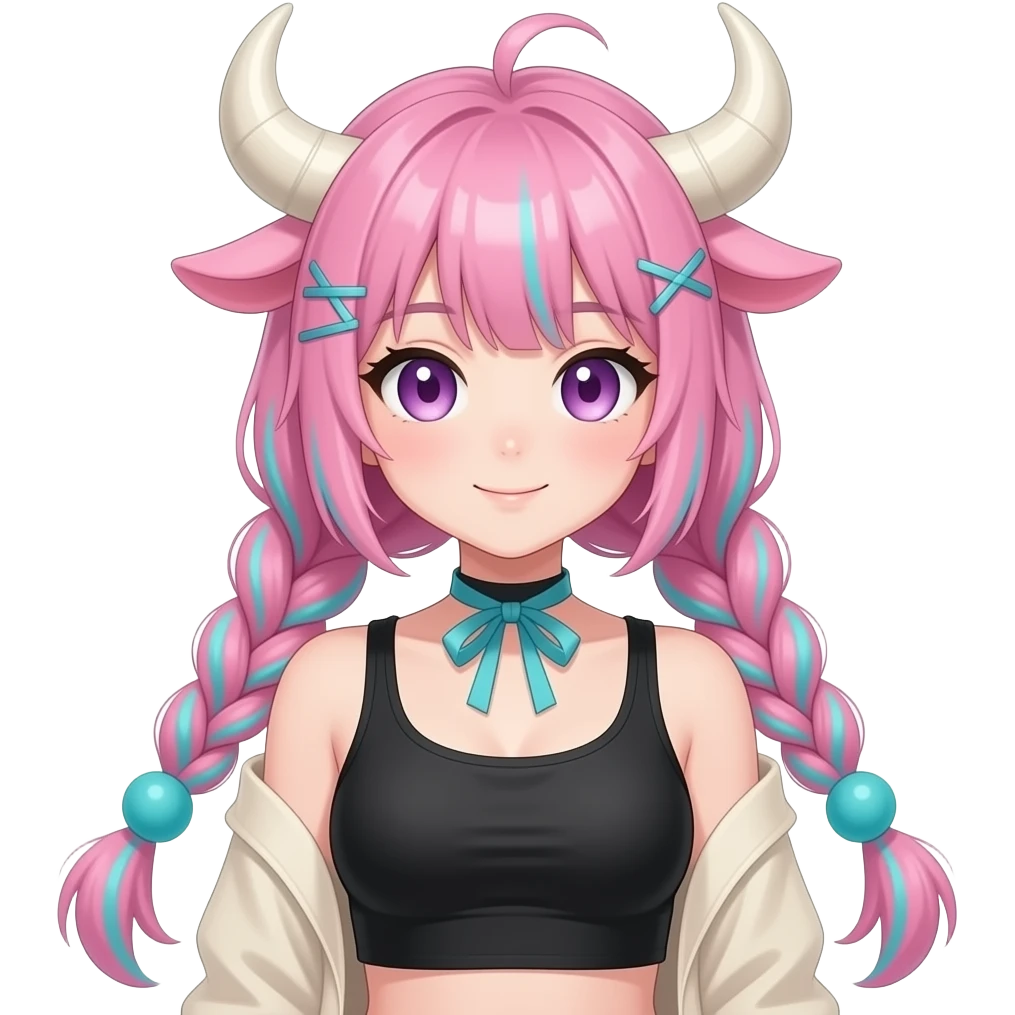 Cute pretty anime woman with big white bull horns, pink braided hair with thing cyan stripes and cyan ball-shaped hair ties, pink cow ears on the sides of head, Black cropped top; beige detached long sleeves, neck ribbon, purple eyes emoji