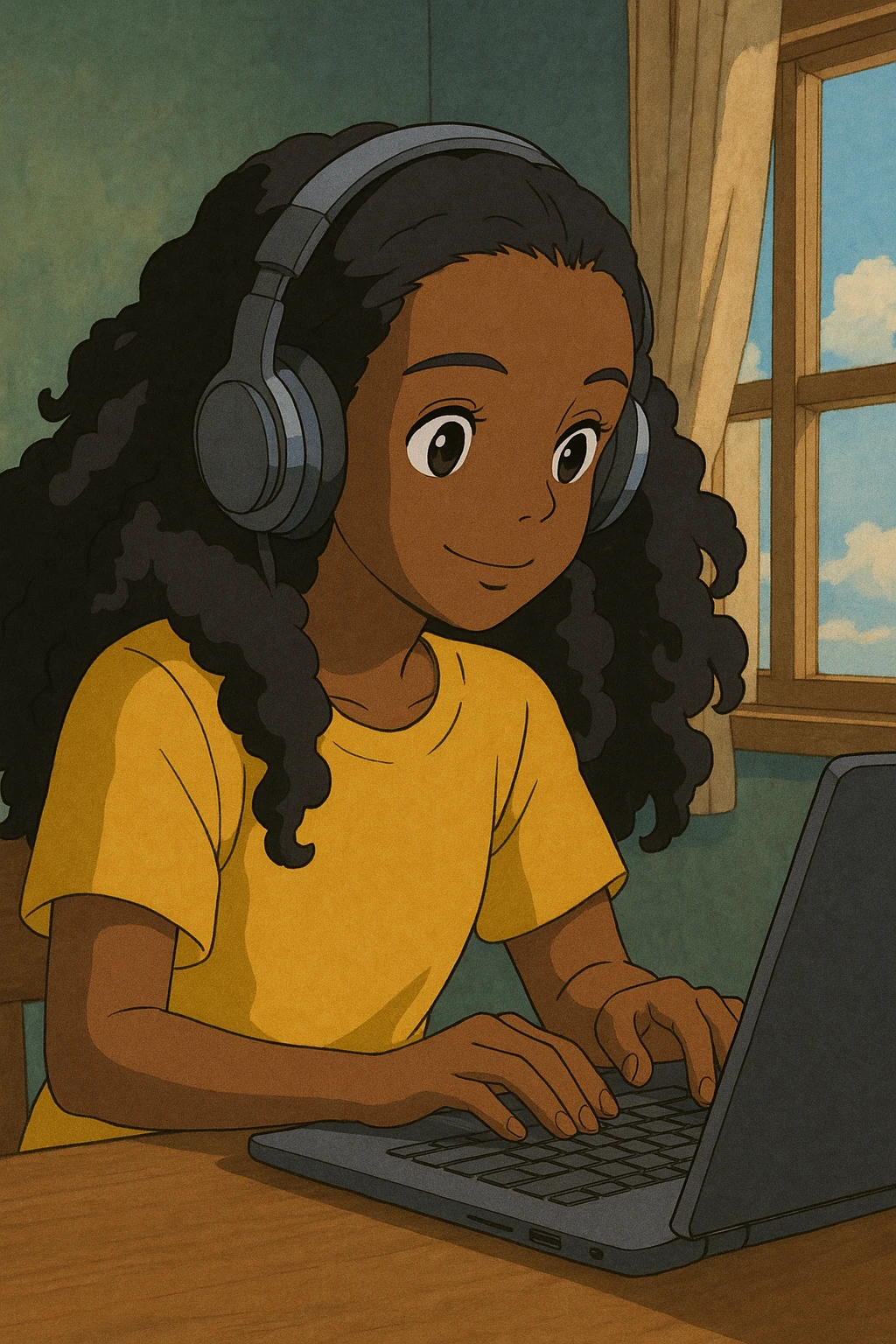 dark skin African American girl, long curly black hair, yellow shirt, headphones, typing at a laptop, ghibli-inspired style emoji