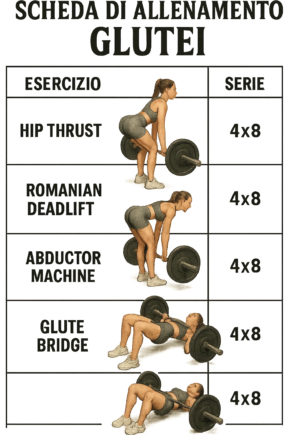 scheda di allenamento glutei in italiano con le reps scritte (tipo 4x8 ecc), iperrealistico 4k emoji