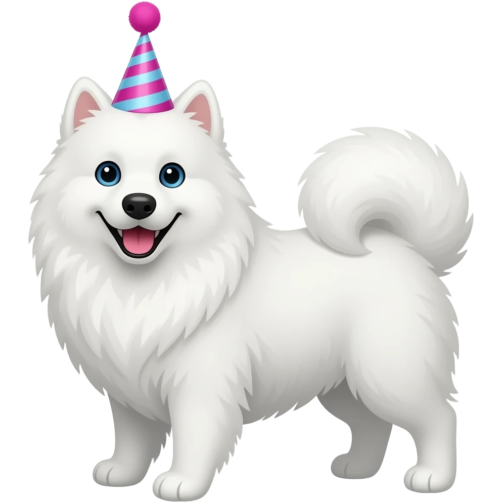 Make a samoyed that is Westling a party hat and is very happy emoji