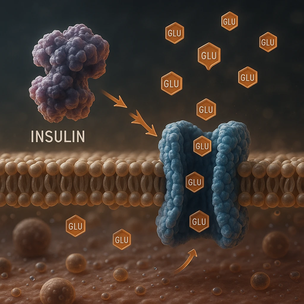 insulin activating glucose transport in the cell, hyper realistic 4K style, molecular details, scientific atmosphere emoji