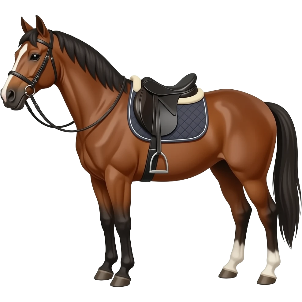 Cartoon 2d brown and dark brown horse with a bridle and saddle emoji