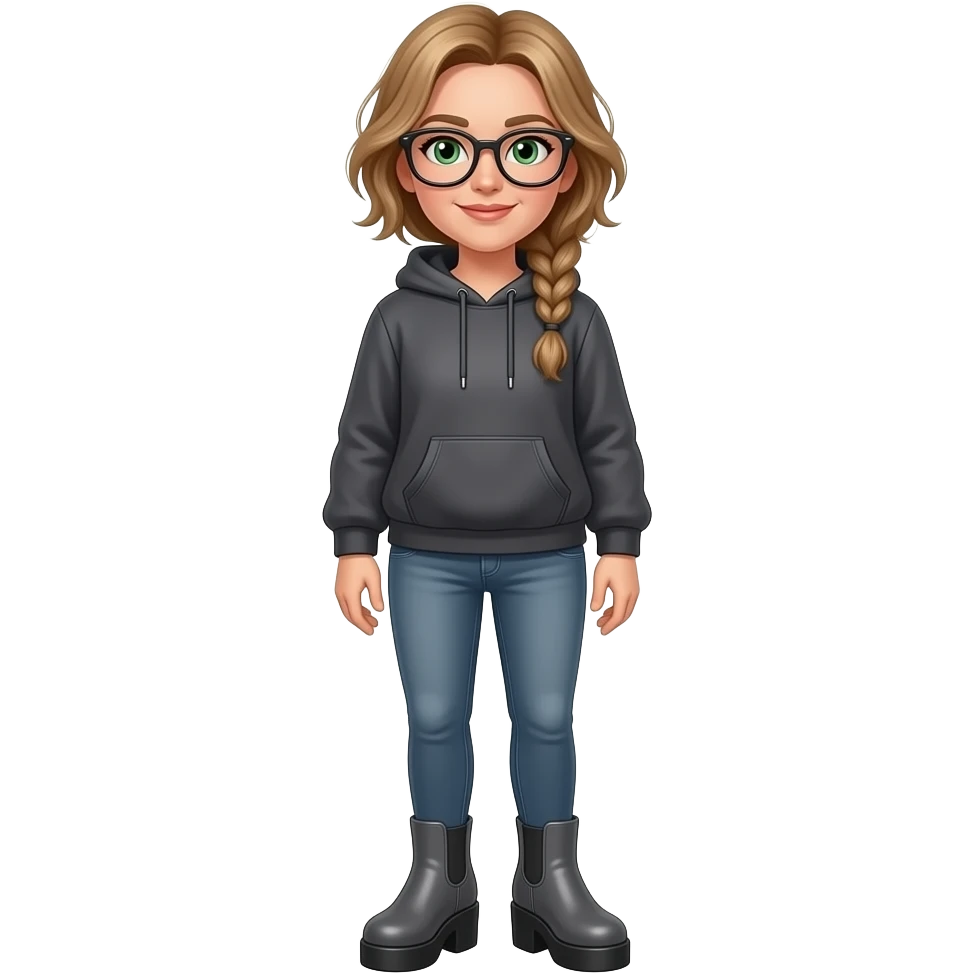 girl in her 30s, dirty blonde/brown hair, messy low side braid, green eyes with glasses dark grey hoodie, gunmetal gray fitted jeans, charcoal color platform wedge boot emoji