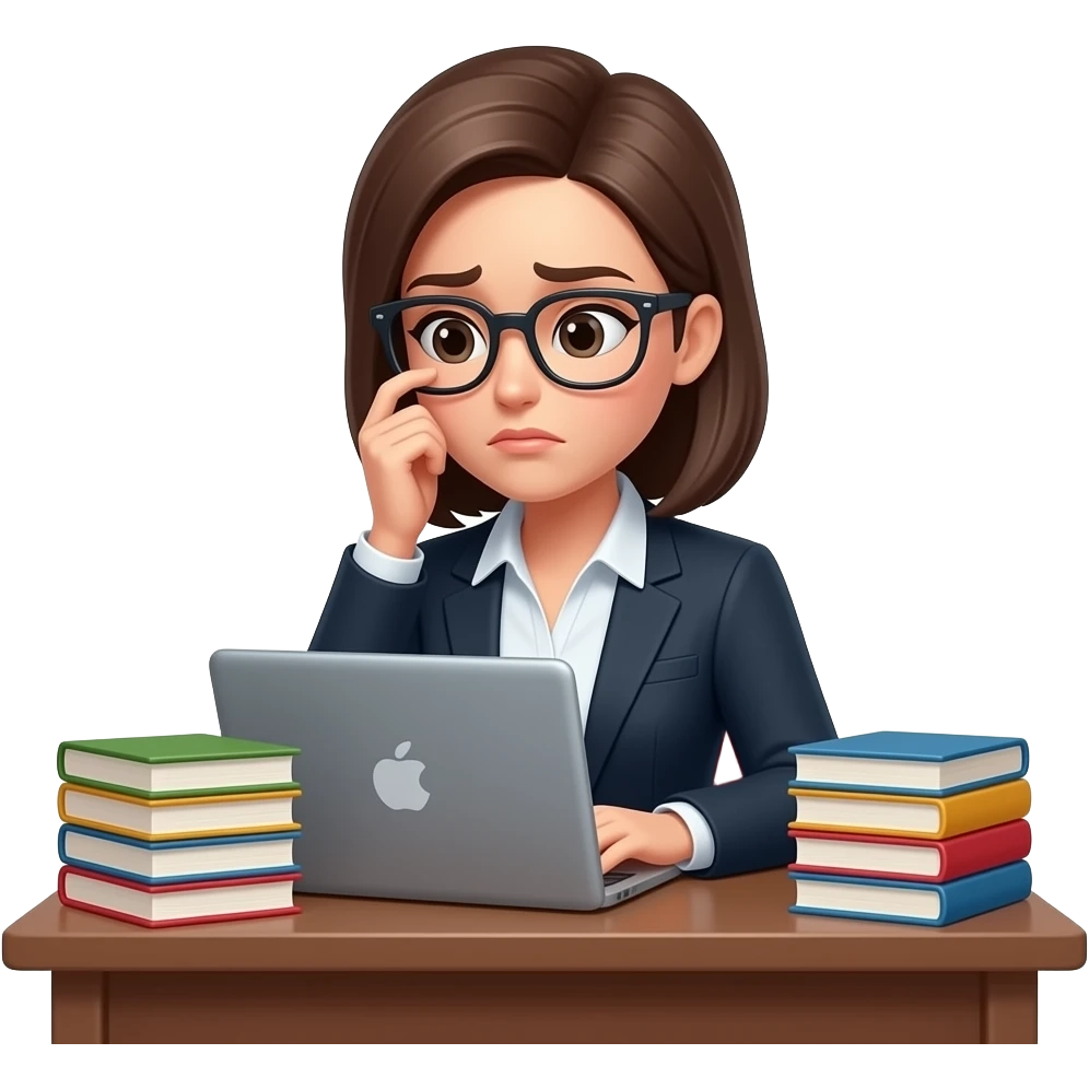 Mujer profesional,con anteojos,usando laptop,con pila de libros en su escritorio,exausta emoji