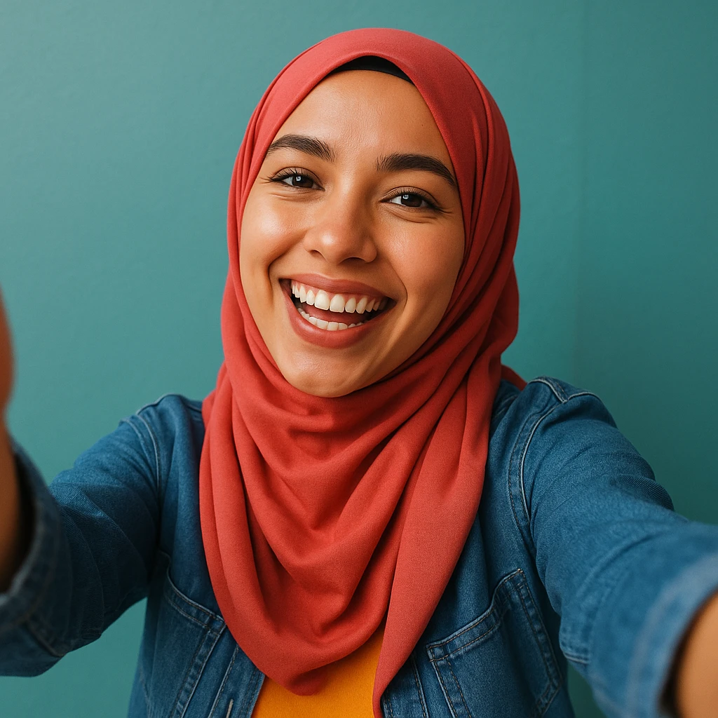 hijabi woman taking a selfie, smiling, modern style, clear facial features, vibrant colors, joyful mood emoji