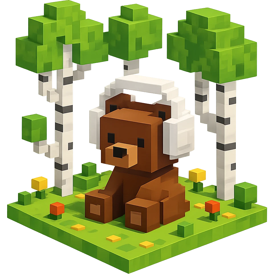 березовый лес, в котором сидит бурый медвежонок в белых наушниках (наушники должны закрывать уши медведя), no background  emoji