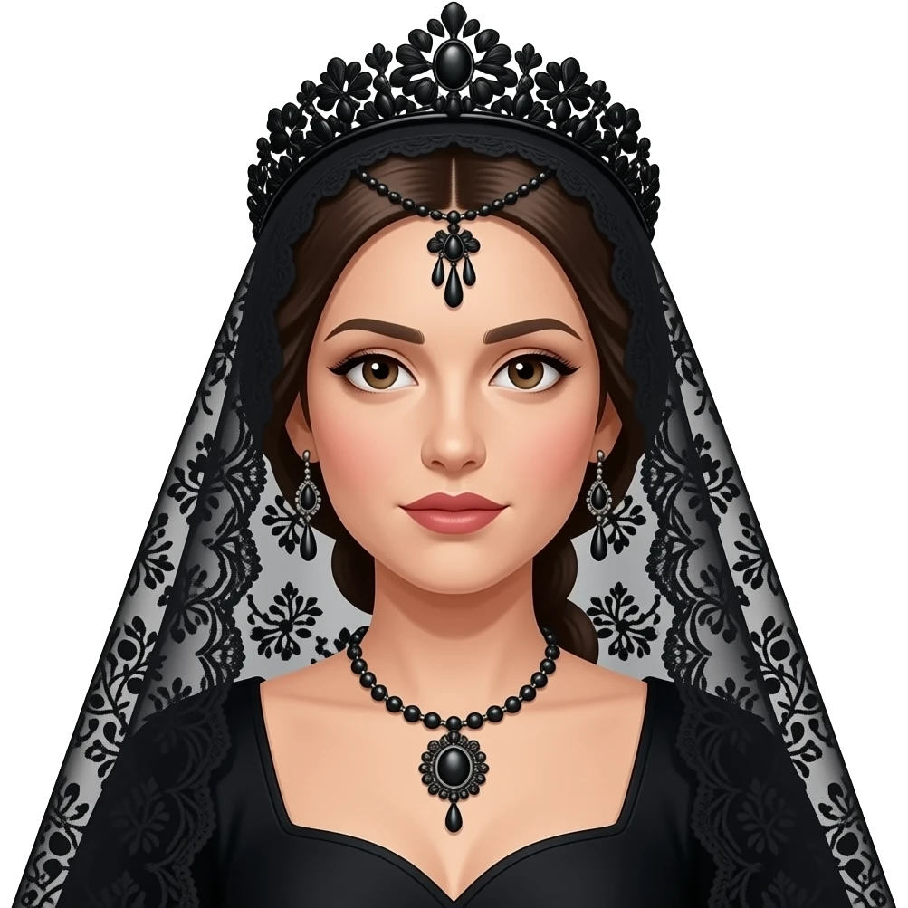 mujer con mantilla de color negro con bordados elaborados y peineta para la mantilla, para participar en procesiones de semana santa en andalucía, traje mantilla y peineta de color negro emoji