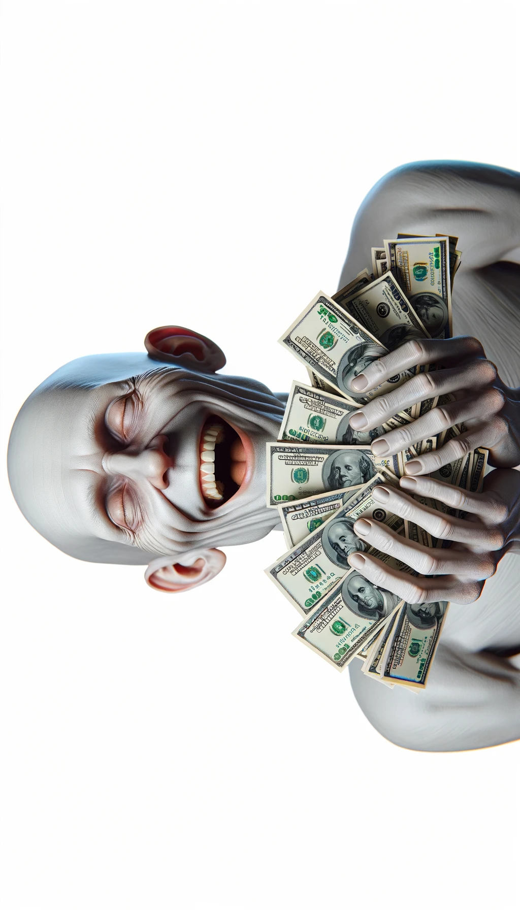 corpo umano anatomico sereno e felice con una montagna di banconote davanti al viso, espressione stupita, iperrealistica 4k, isolato su sfondo bianco emoji