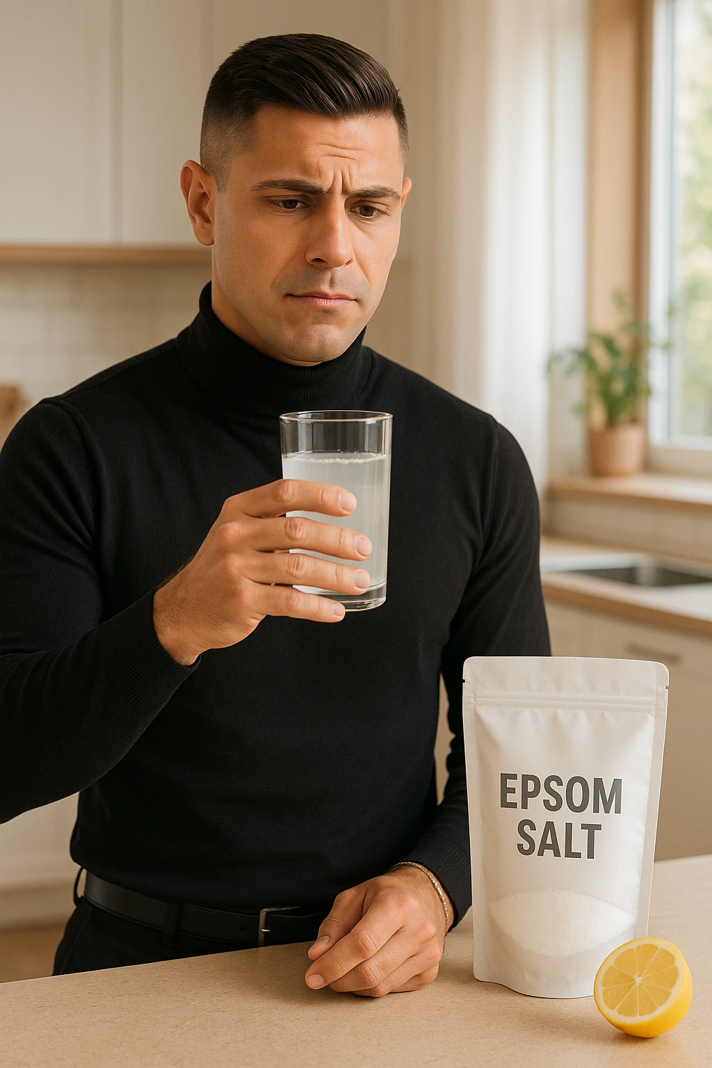A realistic, bright photo-style image of a young man in his 30s standing in his kitchen, holding a clear glass filled with water in which Epsom salt (magnesium sulfate) has been dissolved. He looks focused but slightly uncertain as he prepares to drink it for a liver flush or digestive cleanse. The glass shows slight cloudiness from the dissolved salt. On the counter are a packet labeled 'Epsom Salt' and a sliced lemon, suggesting he might use it to mask the taste. The setting is clean, natural, and bright with neutral tones. The background shows sunlight streaming through a window, emphasizing a clean, minimalist health-focused environment. The mood conveys a realistic, calm moment of self-care with a hint of discomfort, illustrating a natural detox practice emoji