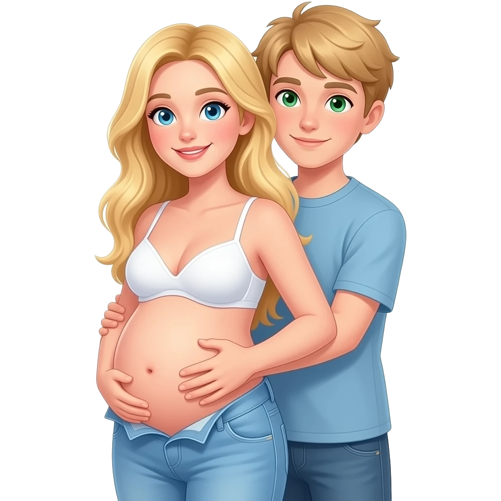 Woman with long blonde hair, and light blue eyes, with small pregnant belly wearing white bra and light blue baggy jeans, with tall boy with blonde hair and green eyes standing behind woman hugging her from behind emoji