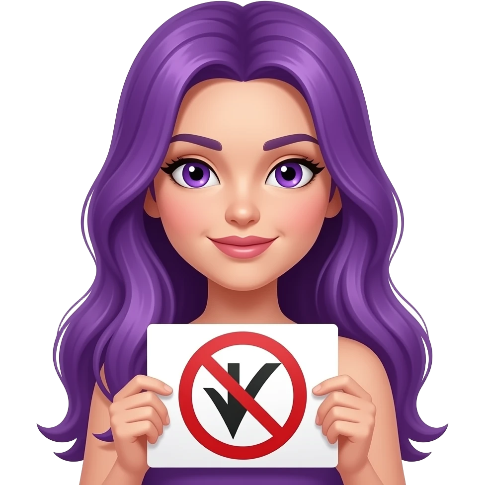 sexy girl with long purple hair and purple eyes holding a NO sign emoji
