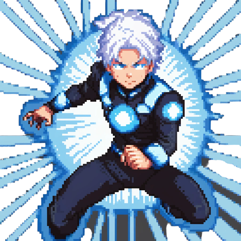 Gojo Satoru, pixel art, action pose, white hair, blue energy effects, black outfit, 16-bit video game style emoji