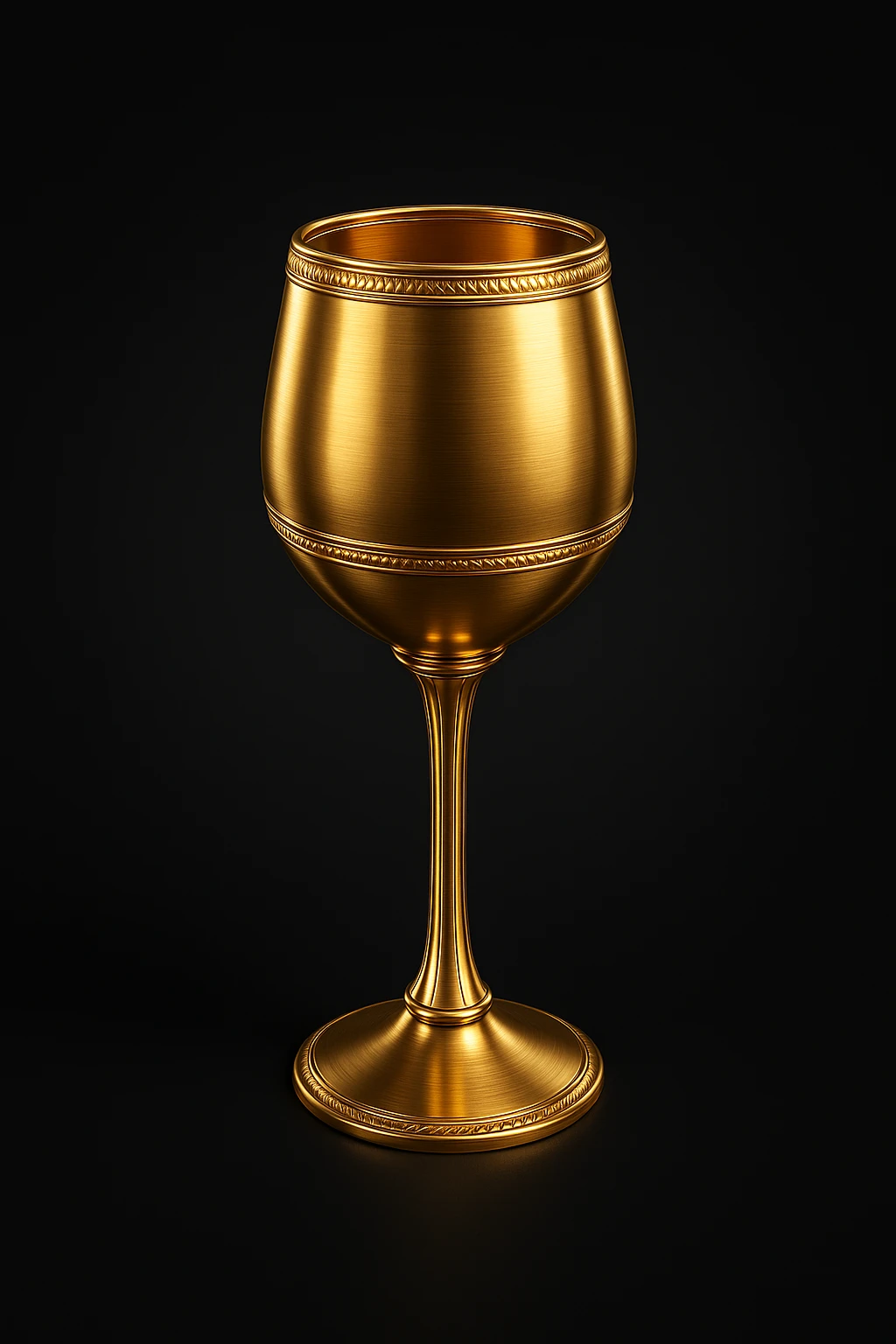 Create a simple and luxurious icon style of a wine glass silhouette in gold color on a black background, inspired by the fourth reference wine glass. emoji