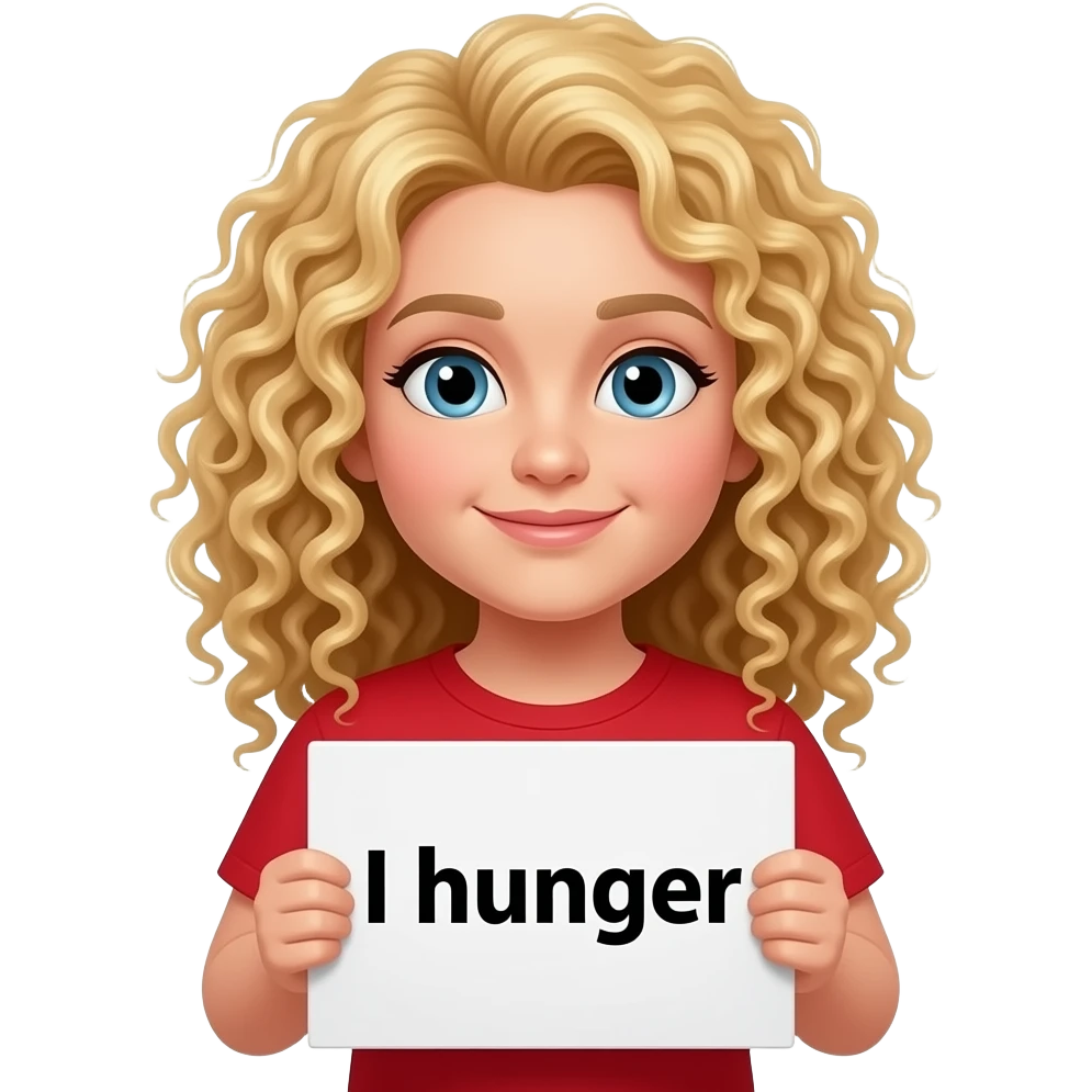 blonde tight curly hair holding I hunger sign in a red shirt emoji
