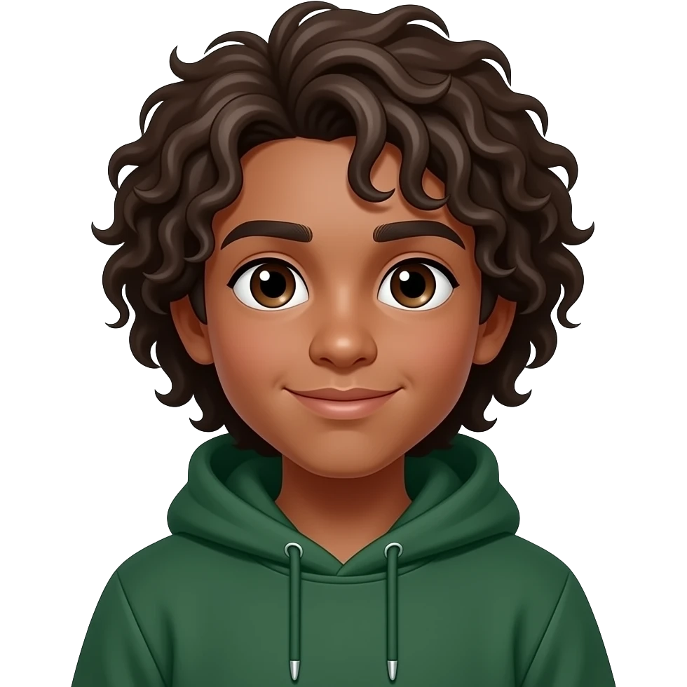 young cute teen boy with dark brown skin and super long ringlet hair wearing a dark green hoodie emoji