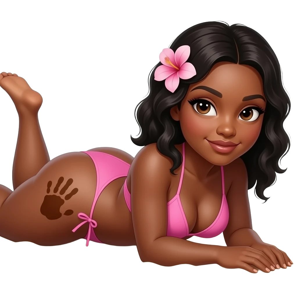 African extremely obese big booty bbl showing back its pink bikini massive thighs while wearing a pink flower on its head while laying front while putting on  her hands on the floor and the camera is facing at her left buttock an brown hand print on left buttock and background is the beach emoji