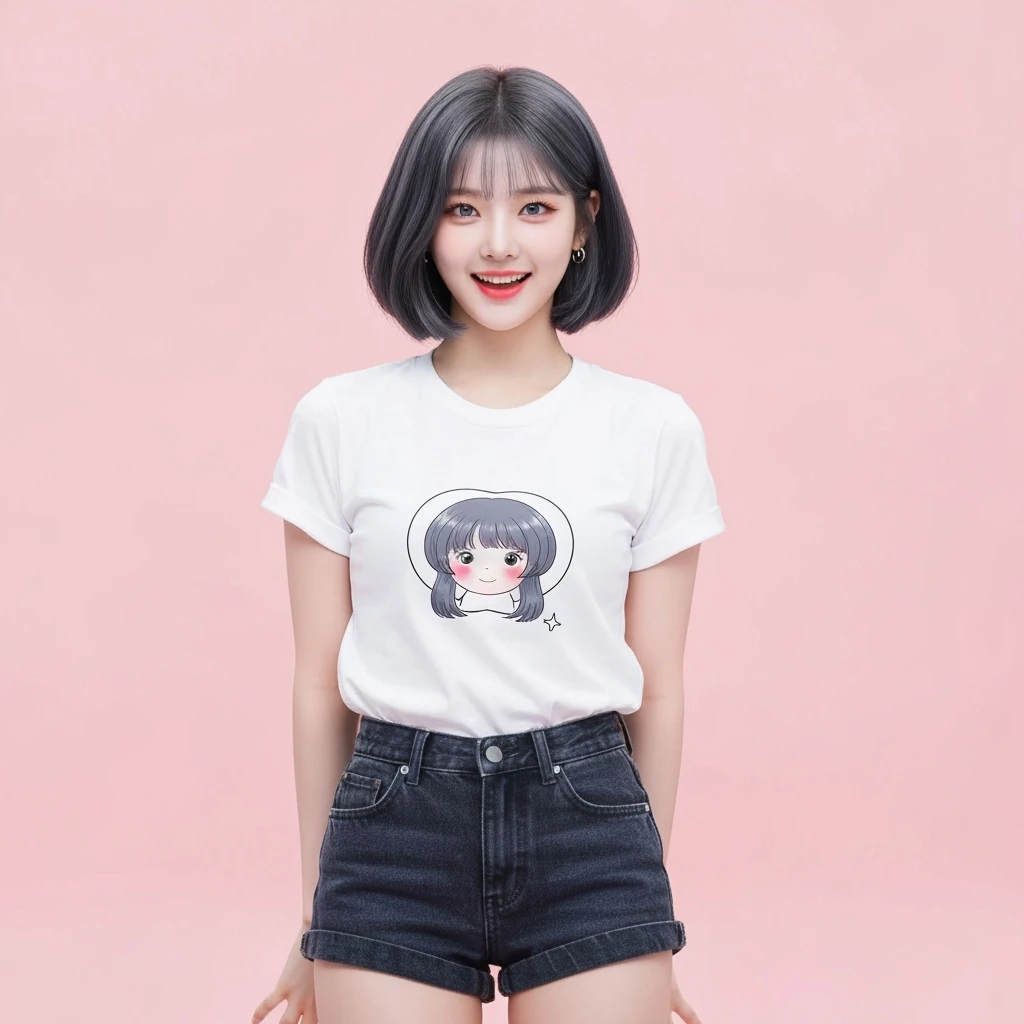 kpop girl with short hair, cute, expressive, minimal emoji