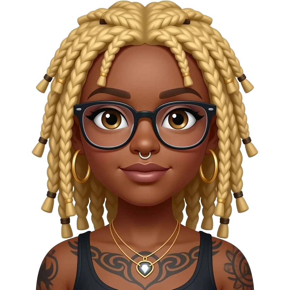 Black girl with blonde locs, glasses, nose piercing,  hoop earrings and tattoo emoji
