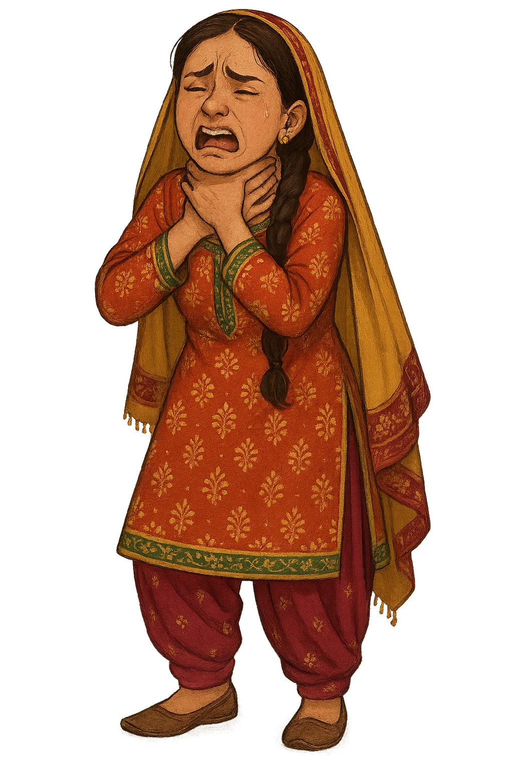 A girl in traditional desi attire, appearing to choke herself by gripping her own neck, expressive, detailed clothing, vibrant colors, full body, no background emoji