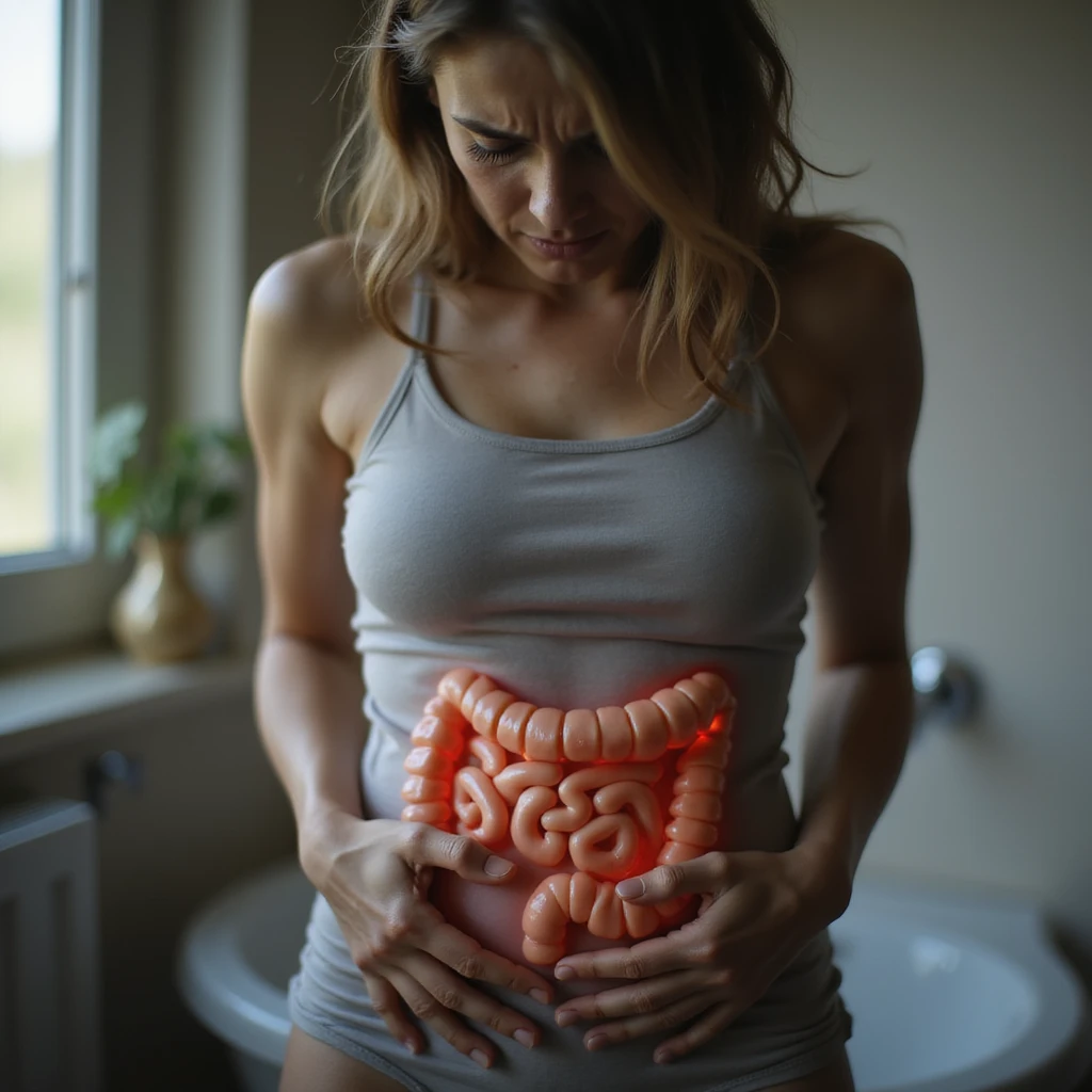 hyperrealistic woman with intestinal disorders, suffering face, hands holding abdomen, curved posture, expression of discomfort, realistic details, 4K quality, domestic or bathroom environment emoji