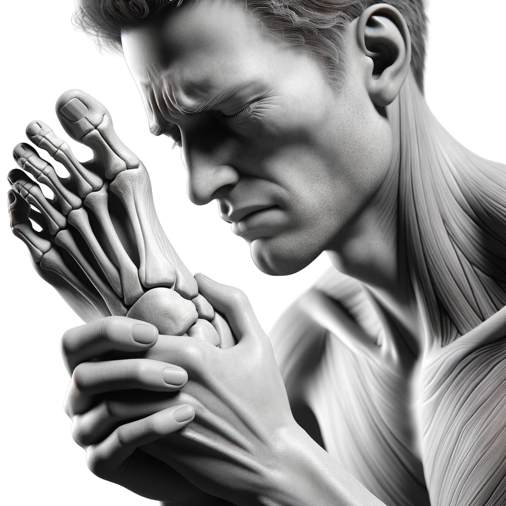 corpo umano anatomico con espressione di dolore in volto che si tiene il piede tra le mani perché ha dolore al piede, iperrealistico 4k, isolato su sfondo bianco emoji