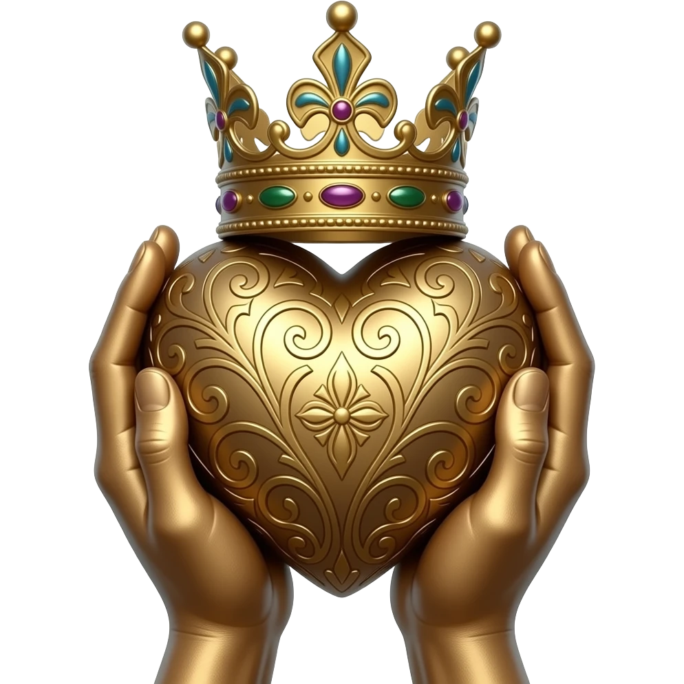 two bronze hands holding a bronze heart richly ornamented with arabesques with a richly decorated royal crown, dramatic lighting - backlight emoji