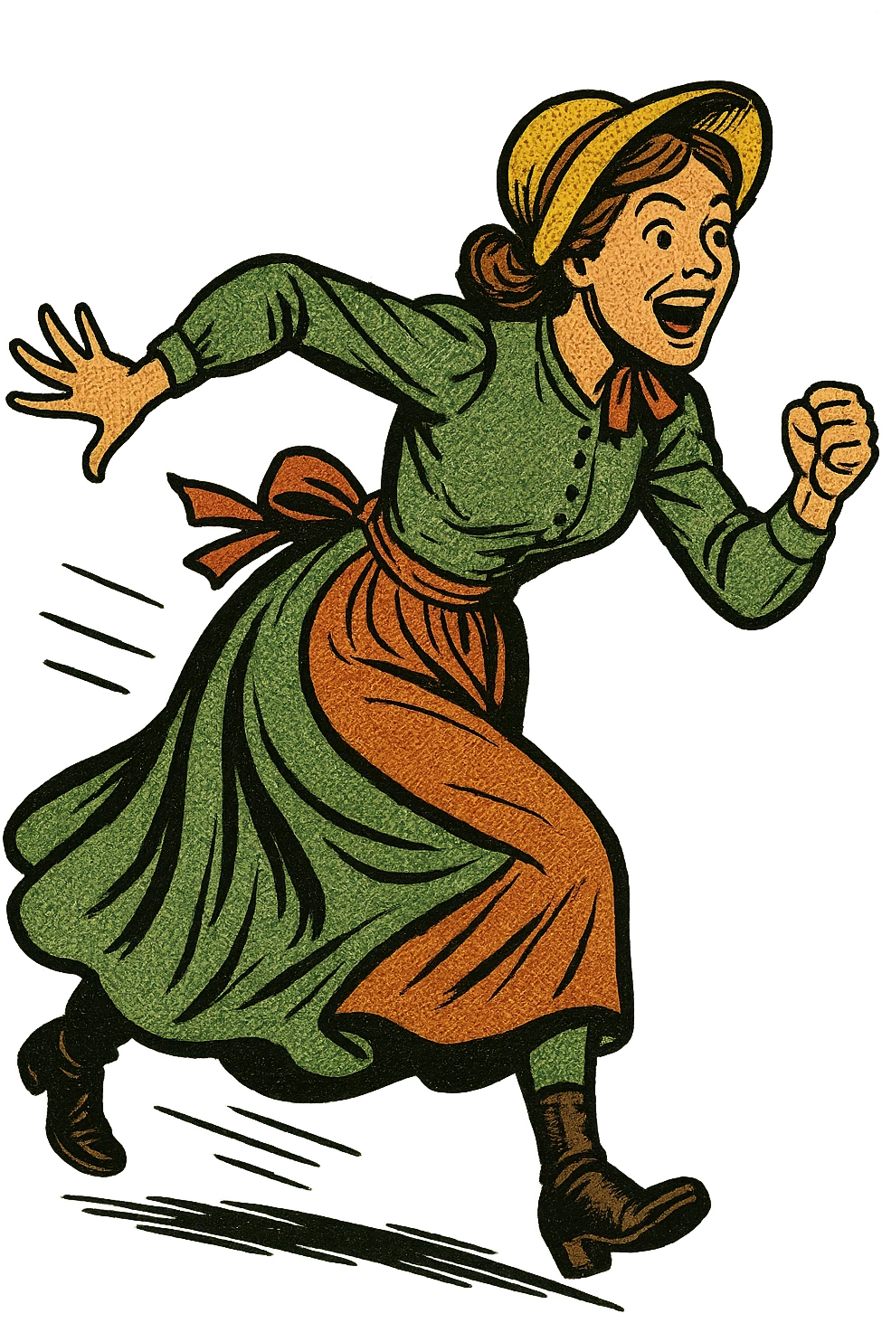 The full body of A female 1860s American settler in the American West looking excited and about to start a race emoji