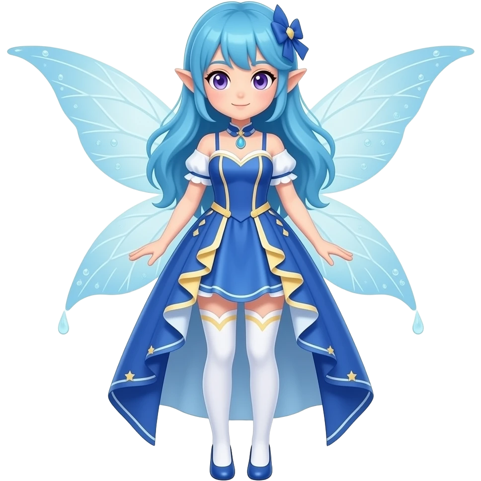 A female water fairy with a full body, blue hair violet eyes and wearing a blue dress with white and cream yellow accents and white leggings. (Pokémon style.) emoji