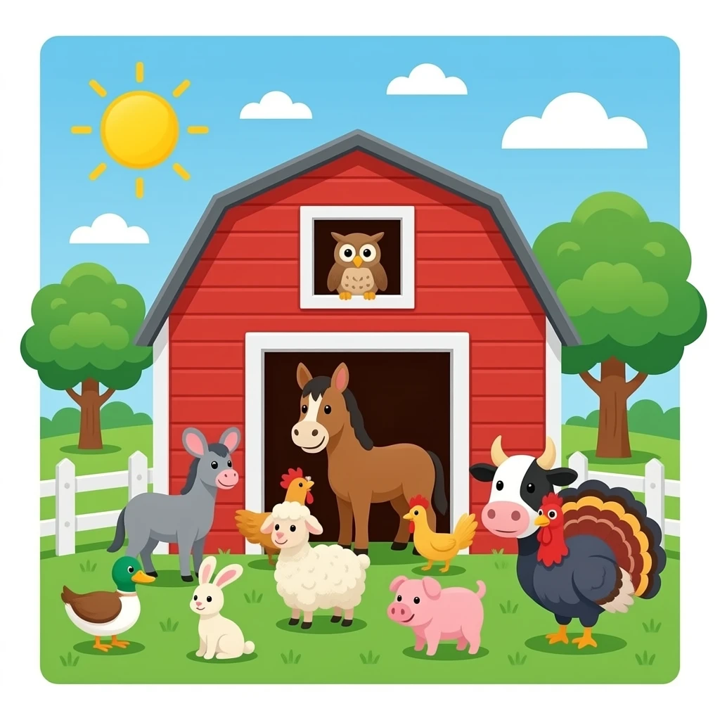 animals inside the barn like have: bottom door: Duck, mouse, dog, horse, sheep, chicken, donkey, pig, goat, cat, rooster, rabbit, and llama. Top door: owl. Outside the door: Turkey and cow emoji