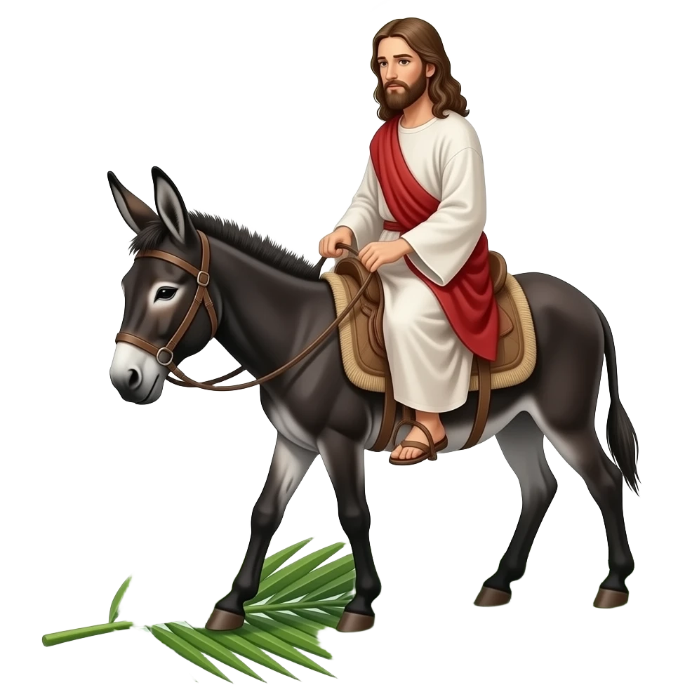 a sombre Jesus on a donkey walking on palm tree leaves. emoji