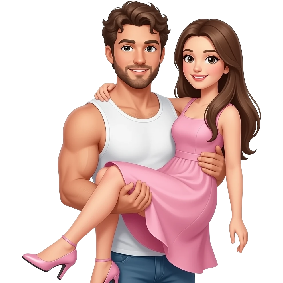 Realistic white skin brown short curly hair with beard muscular man carrying white skin long straight brown hair girlfriend wearing aesthetic pink dress HD emoji