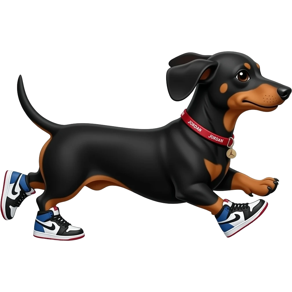 Perro salchicha negro corriendo con tenis Jordan en sus 4 patas emoji