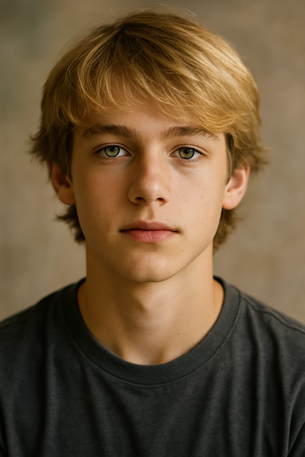 retrato realista de un chico adolescente, cabello rubio, ojos verdes, fondo suave emoji
