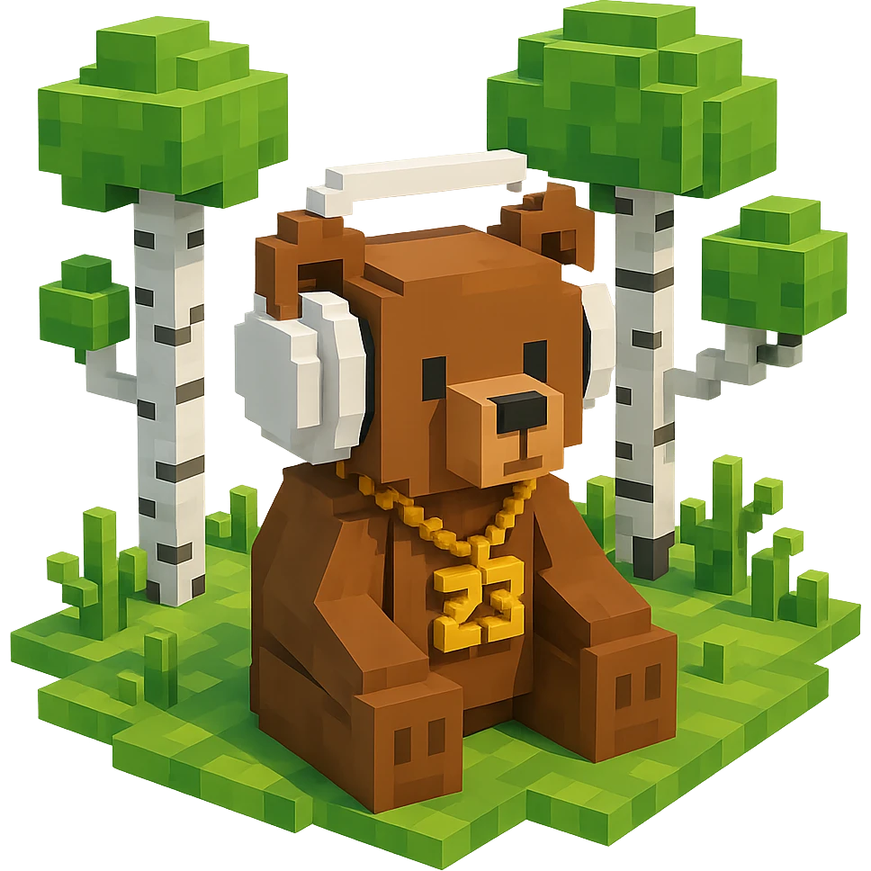 березовый лес, в котором сидит бурый медвежонок в белых наушниках (наушники должны закрывать уши медведя), на медведе цепь с подвеской "23", no background  emoji