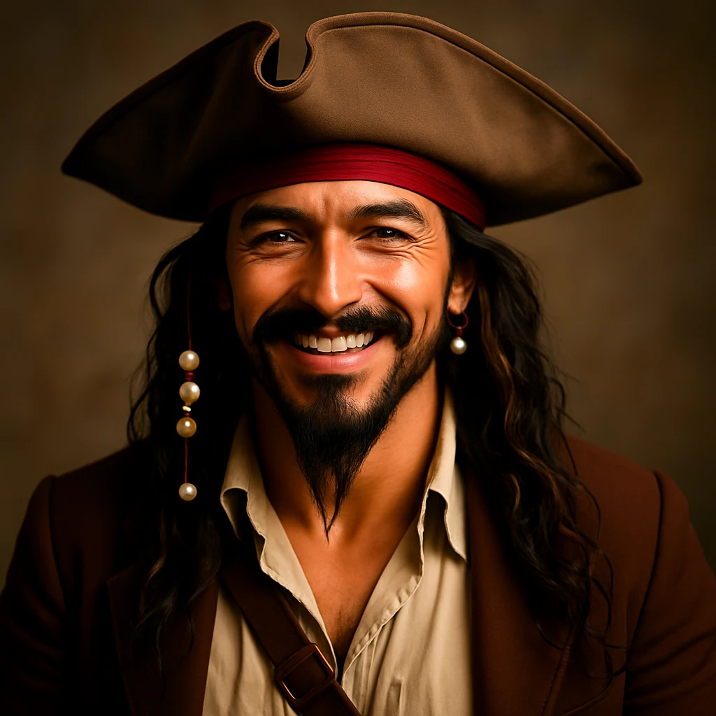 Make Jack Sparrow smile with a natural, charismatic smile, keeping the realistic pirate style, detailed attire, tricorn hat, and beaded hair. Maintain the realistic pirate look and detailed features. emoji
