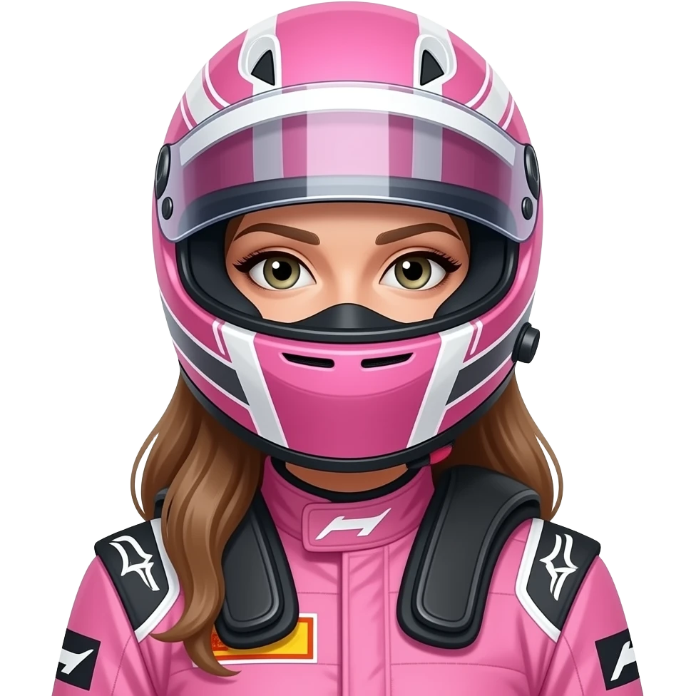 create woman using f1 pink costume and f1 helm that cover the face, the woman have long hair inside helm, no sponsor in the costume emoji
