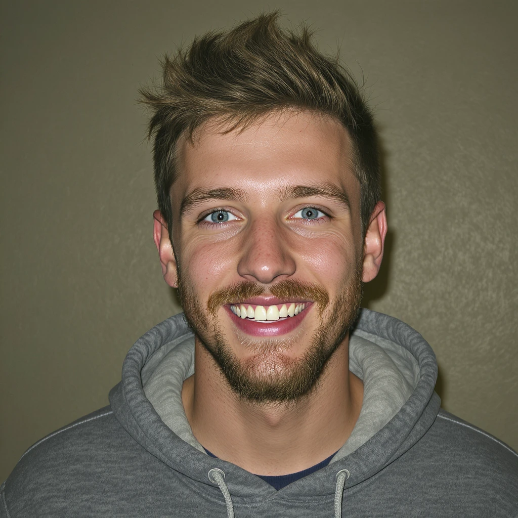 20 year old man, short scruffy beard and thin moustache, brown puffy mullet, blue eyes, big smile, white teeth, big lips, pronounced jaw, hair longer in back, sticking up on top, thin face, grey hooded sweatshirt, blue eyes emoji